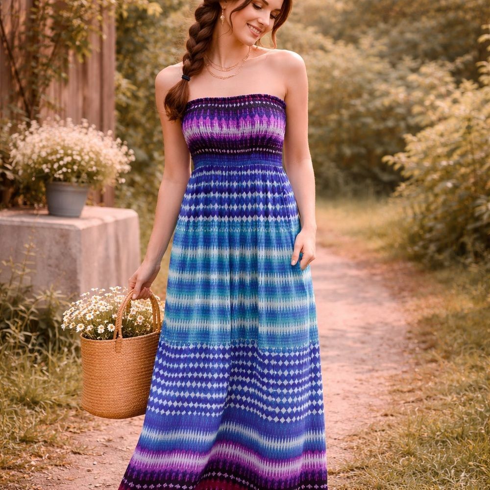 Great Northwest Indigo Striped Strapless Maxi Dress Medium